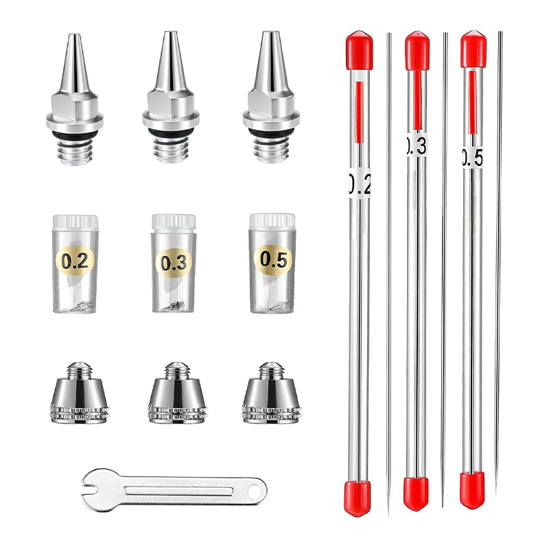 Kit de pièces de rechange de 10 pièces avec 0,2 mm, 0,3 mm et buses d'aérographe 0,5 mm, aiguilles, bouchons de buse et mini-clé pour les accessoires de pistolet à pulvérisation